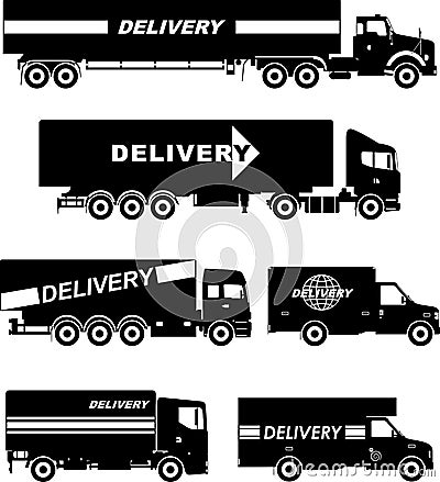 Set of different silhouettes delivery trucks isolated on white background. Vector illustration. Vector Illustration