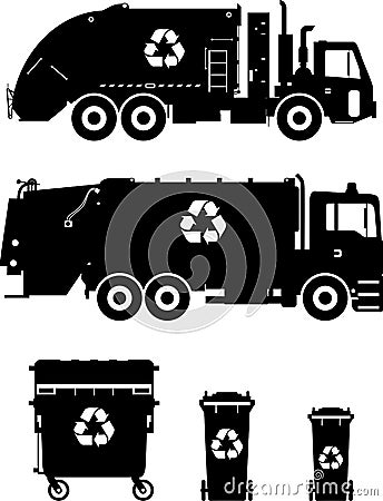 Set of different silhouettes garbage trucks and Vector Illustration