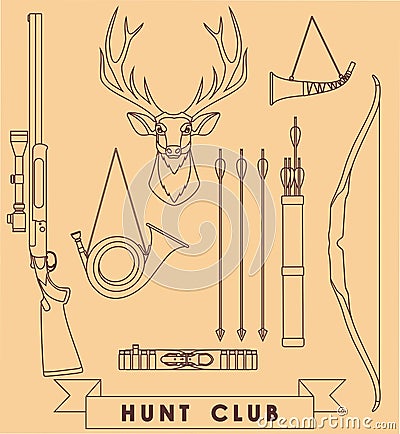 Set of different silhouettes hunting design elements flat linear vector icons on brown background. Vector Vector Illustration