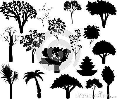 Set of different silhouettes of trees. Stock Photo