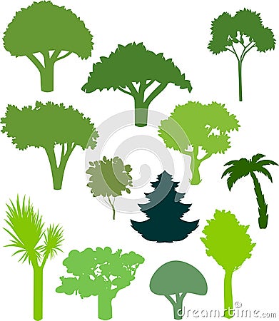 Set of different silhouettes of trees. Stock Photo