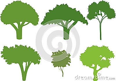 Set of different silhouettes of trees. Stock Photo