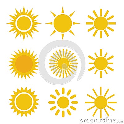 Set of Different Simple Yellow Orange Sun Icons on White Background - Spiky and Wavy Rays Vector Illustration