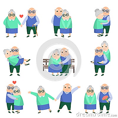 Set of different daily situation with old lovely couple Vector Illustration