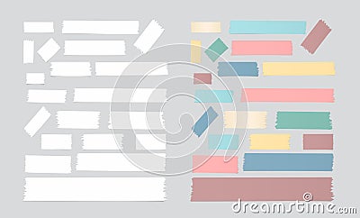 Set of different size, colorful and white sticky paper, adhesive, masking tape are on gray background Vector Illustration