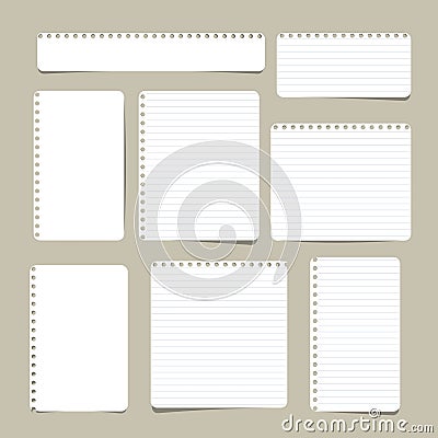 Set of different size ruled and blank note, notebook, copybook paper sheets. Vector Illustration