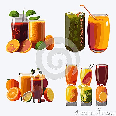 Set of different smoothies with orange, lemon, lime, mint and ice. Vector Illustration