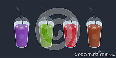 Set of different smoothies in plastic cup with lid and straws. Drinks, cocktails, beverage of orange, purple, green, red Vector Illustration