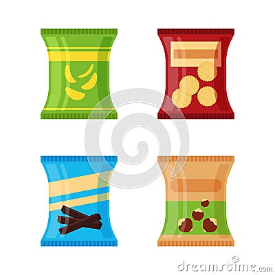 Set of different snacks - salty chips, cracker, chocolate sticks, nuts isolated on white background. Product for vending Vector Illustration