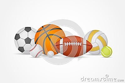 Set of different sports balls in a heap isolated on white background. Vector illustration. Vector Illustration