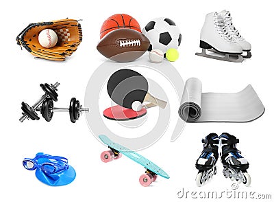 Set with different sports equipment on white background. Active lifestyle Stock Photo