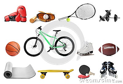 Set with different sports equipment on white background. Active lifestyle Stock Photo