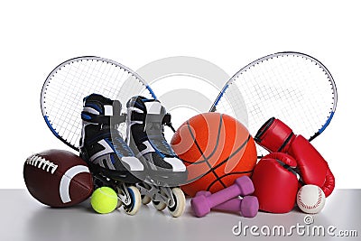 Set of different sports equipment on white background Stock Photo