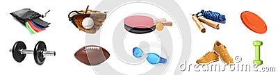 Set with different sports tools on white background. Banner design Stock Photo
