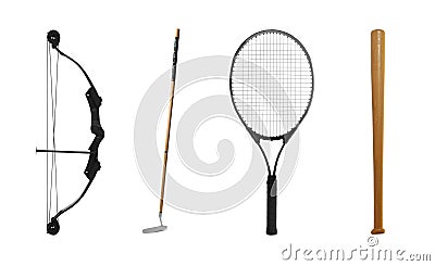 Set with different sports tools on white background Stock Photo