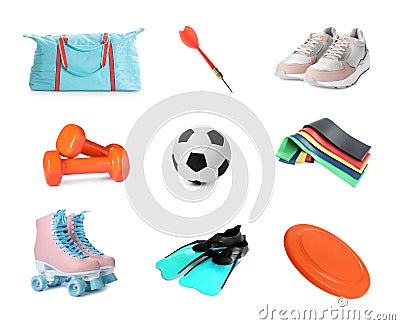 Set with different sports tools on white background Stock Photo