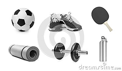 Set with different sports tools on white background Stock Photo