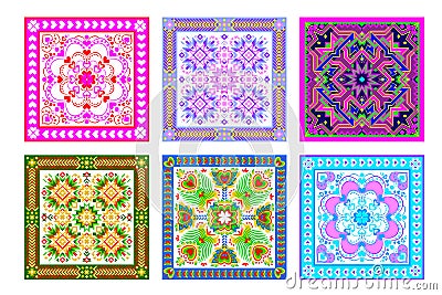 Set of 6 different square ornaments done in kaleidoscopic style. Beautiful background for pillow, table napkin, coverlet. Vector Illustration