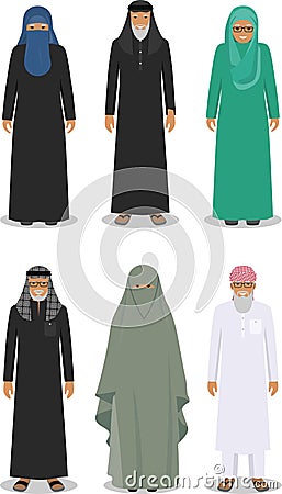 Set of different standing arab old people in the traditional muslim arabic clothing on white background in flat Vector Illustration