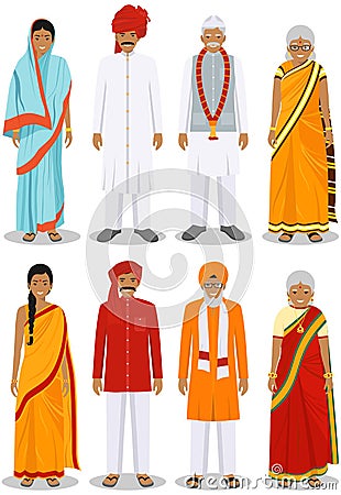 Set of different standing indian old people in the traditional clothing isolated on white background in flat style Vector Illustration