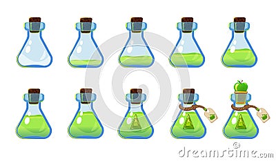 Set of different states of bottle with green elixir and apple. Illustration for mobile game interface Vector Illustration