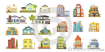 Set of different styles residential houses. City architecture retro and modern buildings. House front cartoon vector Vector Illustration