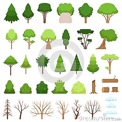 Set of different forest, tropical and dry trees, bushes, stumps, logs and clouds. Vector illustration Vector Illustration
