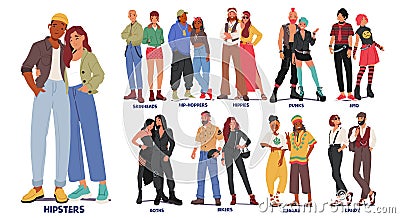 Set Of Different Subculture Couples. Hipster, Punk, Hippie, Goth and Emo, Dandy, Skinhead, Biker, Reggae Rastaman Vector Illustration