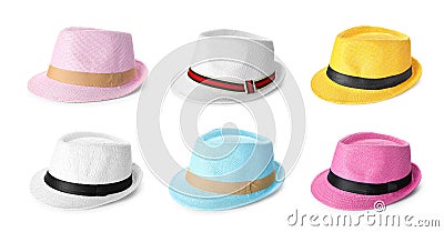Set of different summer hats on white background. Stock Photo