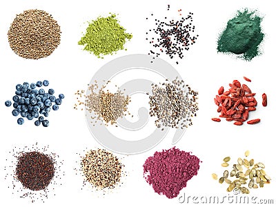 Set of different superfoods on background, top view Stock Photo