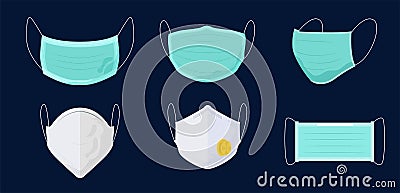 Set of different surgical and respirator masks Vector Illustration