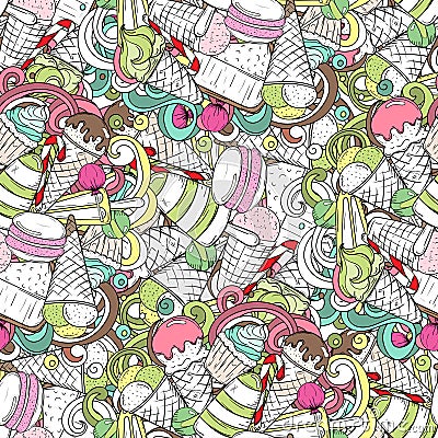 Set of different sweets. Seamless doodle pattern with ice cream, desserts, cakes and candies. Hand drawn vector illustration. Col Vector Illustration