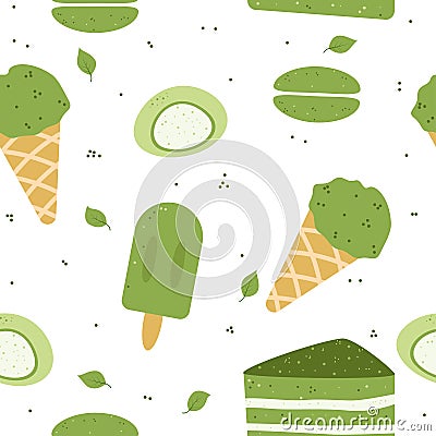 Matcha desserts seamless pattern. Green tea icecream, mochi, macaroon. Food ornament. Vector Illustration