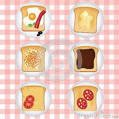 Set of different tasty toasts. Vector Illustration