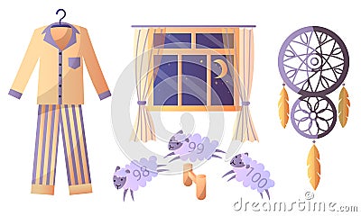 Set of different things in thematic of healthy sweet sleep. Vector illustration in a flat cartoon style. Vector Illustration