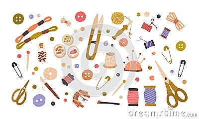 Set of different tools for needlework, sewing, embroidery, knitting, bead craft, crochet.Tailor's supplies with needles Vector Illustration