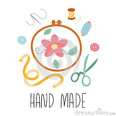 Set of different tools for sewing, embroidery. Needlework Vector Illustration