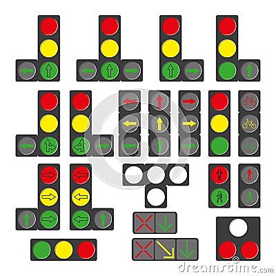 Set of different traffic lights isolated on white. Vector Illustration