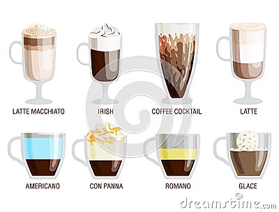 Set of different transparent cups of coffee types mug with foam beverage and breakfast morning sign tasty aromatic glass Vector Illustration