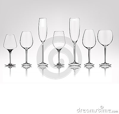Set of different transparent vector wine glasses empty. Vector illustration in photorealistic style. Vector Illustration