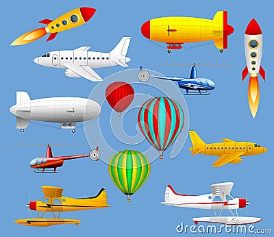 Set of different types of air transport. Airplanes, helicopters, balloons and zeppelins. Vector Illustration