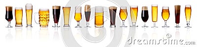 Set of different types of beer with foam in glasses isolated on Stock Photo