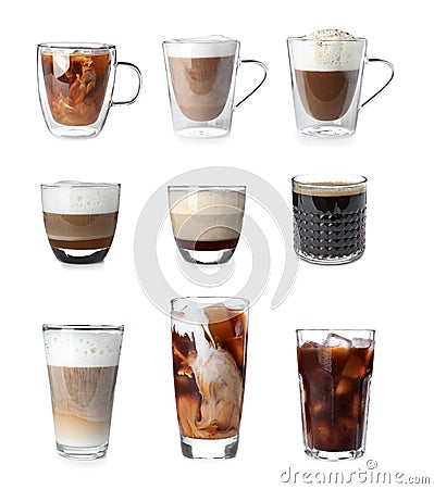 Set with different types of coffee drinks Stock Photo