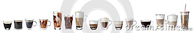 Set with different types of coffee drinks Stock Photo
