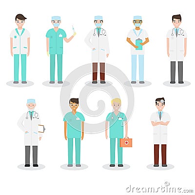 Set of different types of doctors in medical attire engaged in their work Cartoon Illustration