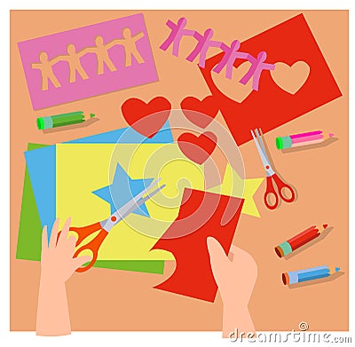 set of different types handmade crafts. Painting, origami, candles making Vector Illustration