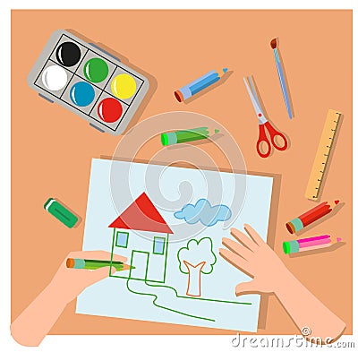 set of different types handmade crafts. Painting, origami, candles making Vector Illustration