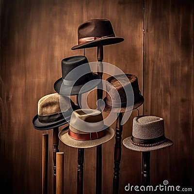 Set of different types of hats on a wooden background Stock Photo