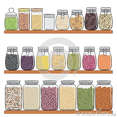 Set of different types of jars with grains, nuts, seeds beans on shelf Vector Illustration