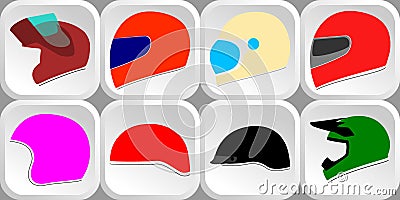 Set of different types of motorcycle helmets side view Vector Illustration